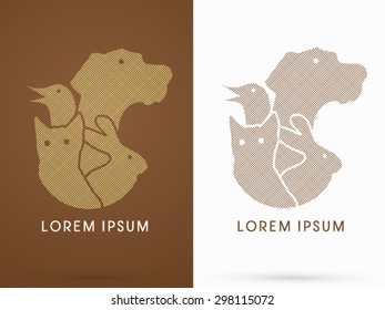 Pets, Dog, Bird, Cat, Rabbit, designed using square dot, graphic vector.