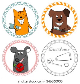 Pets: dog, cat, rat. Dental care. Set of big round icons.