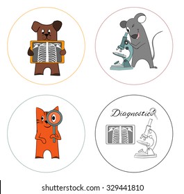 Pets: dog, cat, rat. Diagnostic laboratory. Set of big round icons.