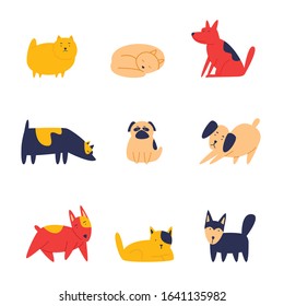 Pets dogs in different poses. Flat style vector illustration