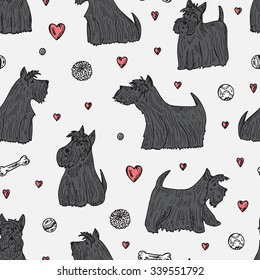 Pets. Dogs Vector Seamless pattern. Hand Drawn Doodles Scottish Terriers. 