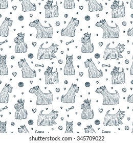 Pets. Dogs Vector Seamless pattern. Hand Drawn Doodles Scottish Terriers.