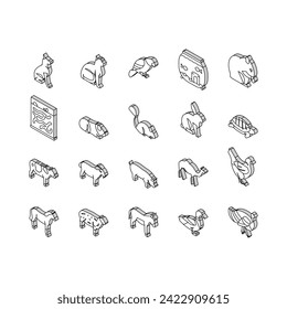 Pets Domestic Animal Collection isometric icons set. Dog And CAt Pets, Horse And Donkey, Pig And Bull Or Cow Farmland Beast, Parrot And Chicken Bird Concept Linear Pictograms. Contour