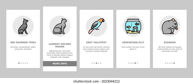 Pets Domestic Animal Onboarding Mobile App Page Screen Vector. Dog And CAt Pets, Horse And Donkey, Pig And Bull Or Cow Farmland Beast, Parrot And Chicken Bird Illustrations