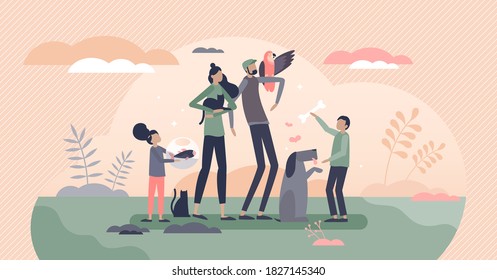 Pets domestic animals as family company to love and care tiny person concept. Dog, cat, birds and fish as popular nature wildlife for home living vector illustration. Happy veterinary customers scene