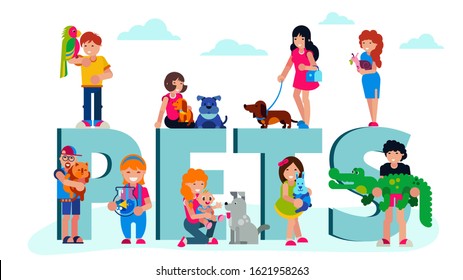 Pets domestic animals with happy owners people, and lettering pets vector illustration isolated. Dogs, cat, aquarium fish, rabbit. Exotic animals parrot, crocodile, snail.