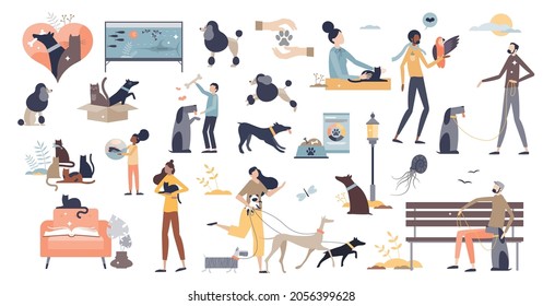 Pets as domestic dog, cat or other animals caring tiny person collection set. Elements with house mammals walking or feeding mini scenes vector illustration. Adorable and cute kitten or puppy items.