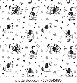 Pets. Doodle Cute Dog Seamless Pattern. Little Puppies. Baby Funny Animals. Vector Childish Black and White Background for Kids Fashion T-shirt Print Design, Nursery Wallpaper etc.