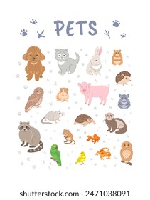 Pets doodle hand drawn characters. Cute adorable smiling animals in linear cartoon style. Dog, cat, bunny, hamster, rat, parrot, canary, guinea pig, gecko, owl, raccoon. Editable stroke illustration