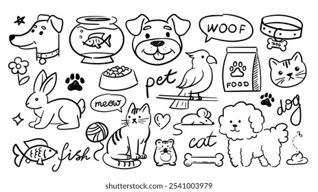 Pets doodle sketches set. Hand drawn dog, rabbit, parrot and cat. Domestic animals with food in bowls. Minimalist creativity and art. Linear vector collection isolated on white background