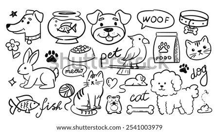 Pets doodle sketches set. Hand drawn dog, rabbit, parrot and cat. Domestic animals with food in bowls. Minimalist creativity and art. Linear vector collection isolated on white background