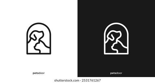 Logotipo da porta dos animais de estimação. Gato de cachorro e porteiro com estilo de contorno linear. Logotipo de cuidado dos animais de estimação, Símbolo de ícone, Vetor, Inspiração de design.