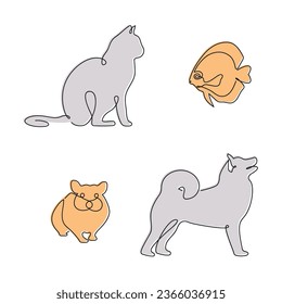 Pets drawn in one continuous line in color. One line drawing, minimalism. Vector illustration.