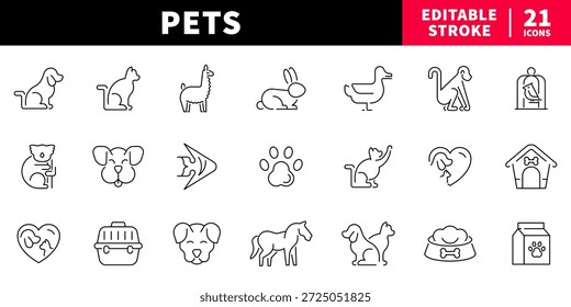 Conjunto de iconos de línea editables para mascotas: estilo de contorno. animales, domésticos, símbolos de vida silvestre