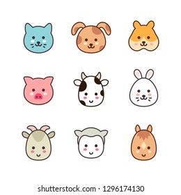 Pets and farm animals icons. Kawaii