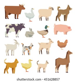 Pets and farm animals vector flat icons set. Polygonal animal hen and cattle, lamb and duck, illustration figure colored farm animal