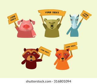 Pets from farm strike. Pig, bear, horse, and others animals stand with banners. Cartoon animals, cartoon pets.