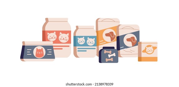 Pets Feed, Treats, Litter And Other Supplies. Cats And Dogs Goods, Accessories In Bags, Jars. Canine And Feline Animals Products In Packages. Flat Vector Illustration Isolated On White Background