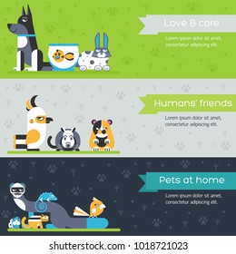 Pets flat banners concept. Wildlife and home zoo animals vector design icons