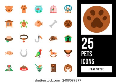 Pets Flat Icon Set. Containing paw, collar, horse, wheel, dog, mouse, goldfish, turtle, bone, parrot, clown, saddle, cat, snake, fish, horseshoe, hamster, hook, trap, birdcage, nest, house, rocking.