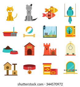 Pets flat icons set with cat dog fishes and bird isolated vector illustration