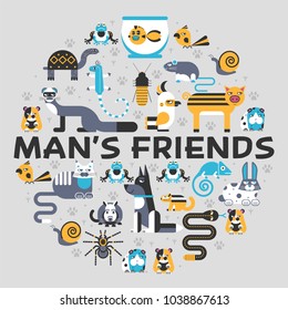 Pets flat illustration circle concept. Wildlife and home zoo animals vector design 