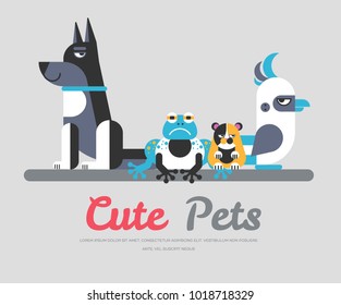 Pets flat illustration concept. Wildlife and home zoo animals vector design icons.