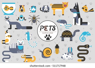 Pets flat illustration concept. Wildlife and home zoo animals vector design icons.