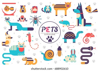 Pets flat illustration concept. Wildlife and home zoo animals vector design icons.