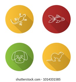 Pets flat linear long shadow icons set. Lizard, goldfish, maltese dog, ferret. Vector outline illustration