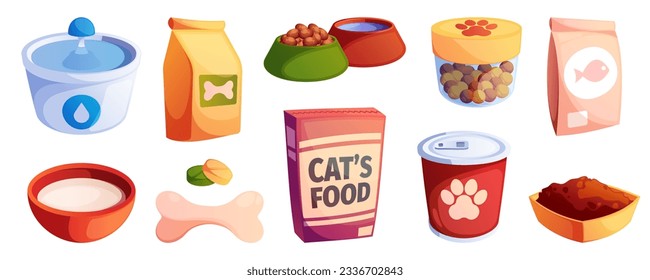 Pets food. Cartoon dog and cat bowl with meal, kitten plate with wet food, feline dish with dry snack. Vector flat food for pets illustration. Containers with water and meal, tasty treatments