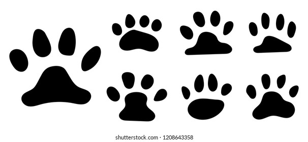 Pets footprint. Cat paws prints, kitten foots or dog foot print. Pet rescue logo puppy marks animal shape wildlife mark dirty isolated vector symbol collection for your design.