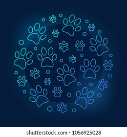 Pets footprints round blue illustration. Vector thin line animals footprints in circle shape concept symbol on dark background