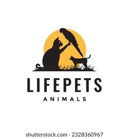pets friend cat bird playing park sunset mascot logo vector icon illustration