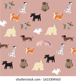 Pet`s friendly pattern with funny dogs and cats  corgi, sphinx, terrier,dolmatin, siamese cat, dachshund, komondor, beagle