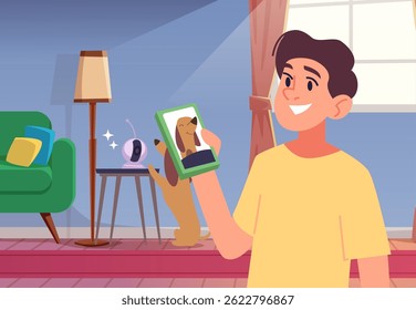 Pets gadgets. ip camera connection to dog owner smartphone. vector background