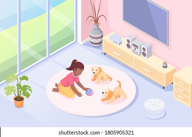 Pets, girl playing with dog puppies in room, vector isometric illustration. Kid girl with toy ball and two puppies playing on floor carpet, domestic animals at house, modern interior background