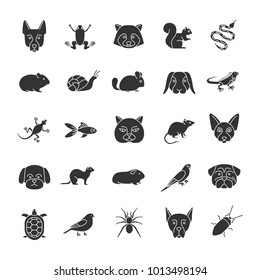 Pets glyph icons set. Exotic animals. Rodents, birds, reptiles, insects, dogs, cats. Silhouette symbols. Vector isolated illustration
