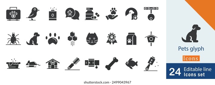 Pets glyph solid fill icons collection set. containing spider, dog house, fish, cat, food more vector illustration