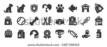 Pets glyph solid icons collection. Containing dog, cat, fish, shop, food. For website marketing design, logo, app, template, ui, etc. Vector illustration.