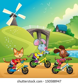 Pets are going for a ride in the countryside. Cartoon and vector illustration