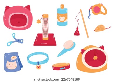 Pets goods, accessories set. Cats toys, food, supplies.