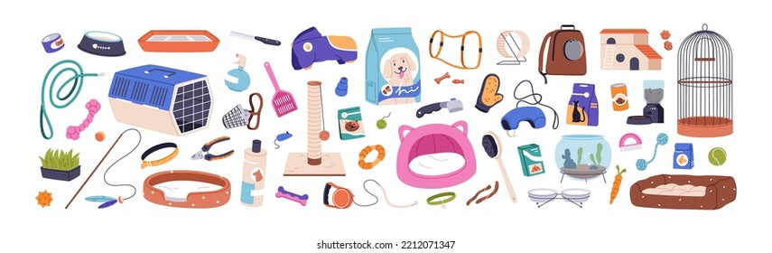 Pets goods, accessories set. Dogs, cats and birds toys, food, supplies. Canine and feline stuff, products, carriers, cage, feed, bowl, brush. Flat vector illustration isolated on white background
