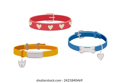 Pets goods set. Items from veterinary shop. Collars for cats and dogs. Pack for care about domestic animals. Advertising and marketing. Cartoon flat vector collection isolated on white background