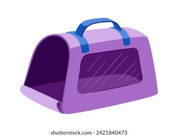 Pets goods set. Items from veterinary shop. Violet cage for cats. Pack for care about domestic animals. Template and layout. Cartoon flat vector collection isolated on white background