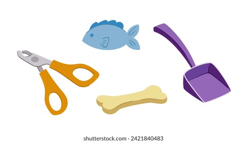 Pets goods set. Items from veterinary shop. Fish and bone toys, violet plastic scoop. Pack for care about domestic animals. Cartoon flat vector collection isolated on white background