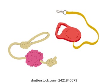 Pets goods set. Items from veterinary shop. Leashes for dogs. Pack for care about domestic animals. Poster or banner for website. Cartoon flat vector collection isolated on white background