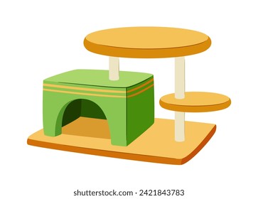 Pets goods set. Items from veterinary shop. Scratching post for cats. Pack for care about domestic animals. Graphic element for website. Cartoon flat vector collection isolated on white background