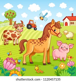 Pets graze near the farm. Vector illustration with cute farm in a children's, cartoonish style.