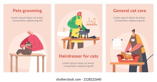 Pets Grooming Banners. Hairdressers Characters Care of Cats Cutting Wool, Talons, Washing and Comb in Salon. Groomer Service Specialists Working with Feline Animals. Cartoon People Vector Illustration